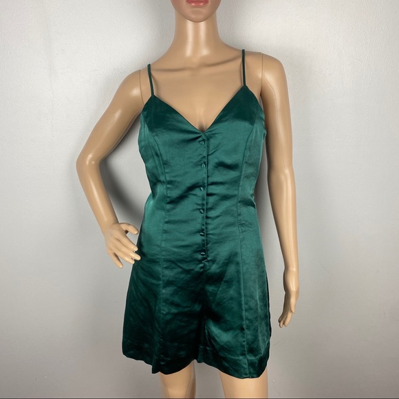 ENDLESS ROSE GREEN SATIN BUTTON FRONT ROMPER - Picture 2 of 8